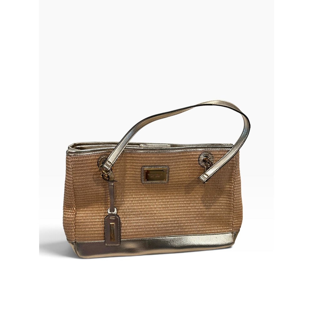 Tignanello Woven Straw Gold Metallic Trim Shoulder Bag Y2K Tote Champagne Tan